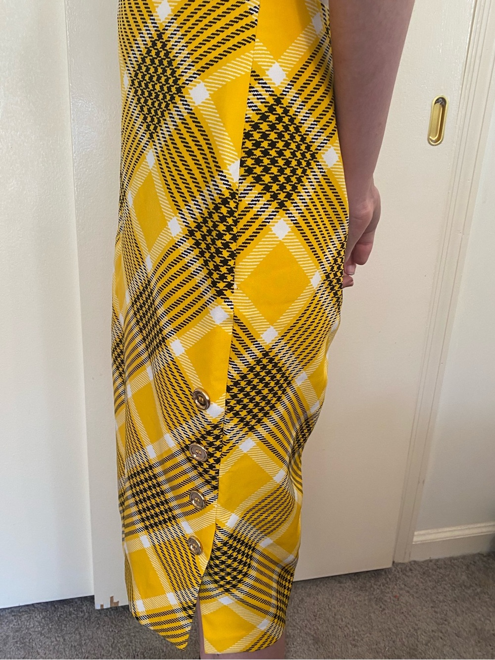 New York & Company Yellow Black Plaid Pencil Skirt with Side Buttons size xs - Picture 6 of 10